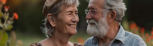 A senior couple staying active by gardening together